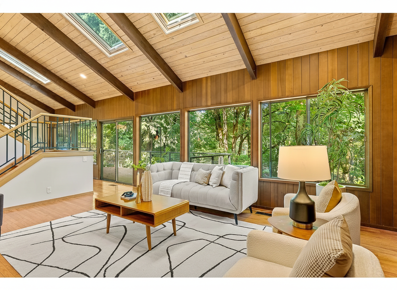 1970s living room with dramatic wood plank vaulted ceiling, exposed beams, floor-to-ceiling sliding glass doors, and deck overlooking Pacific Northwest landscape